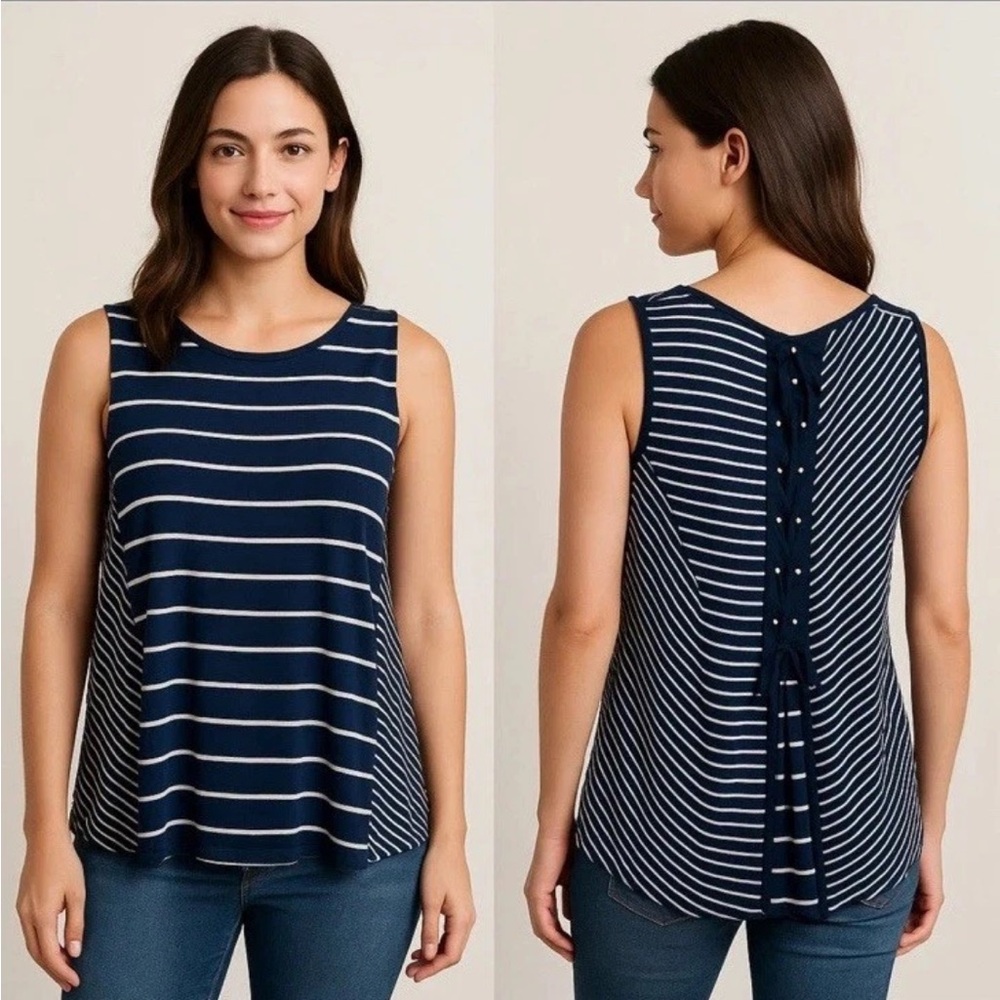 Westport Tank Top Shirt Sleeveless Coastal Blue White Stripe Tie Back Stretch